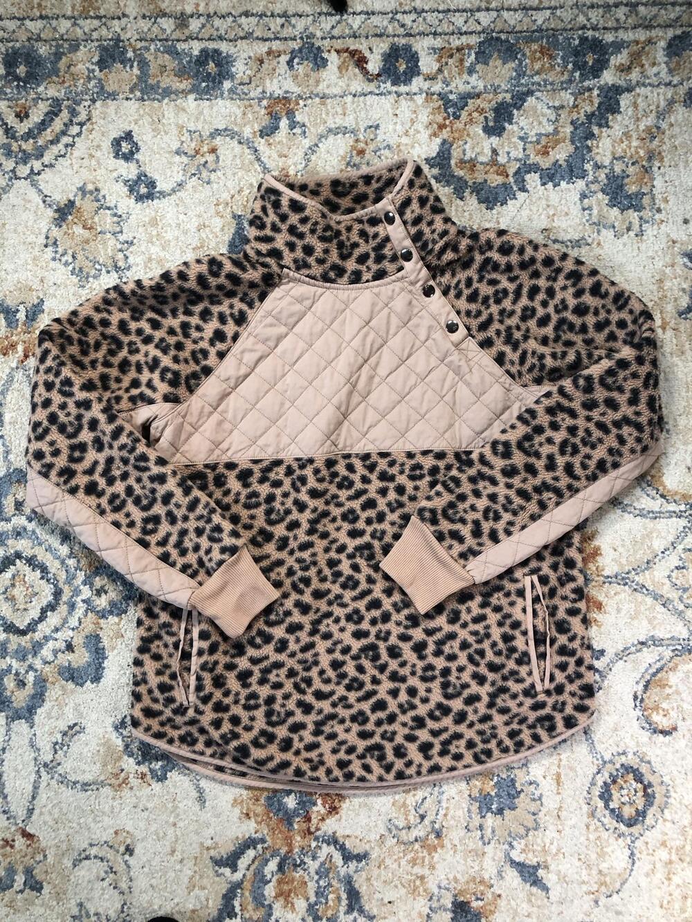 Abercrombie & Fitch Sweater Womens Large Brown Leopard Fleece Quilted Mock Neck